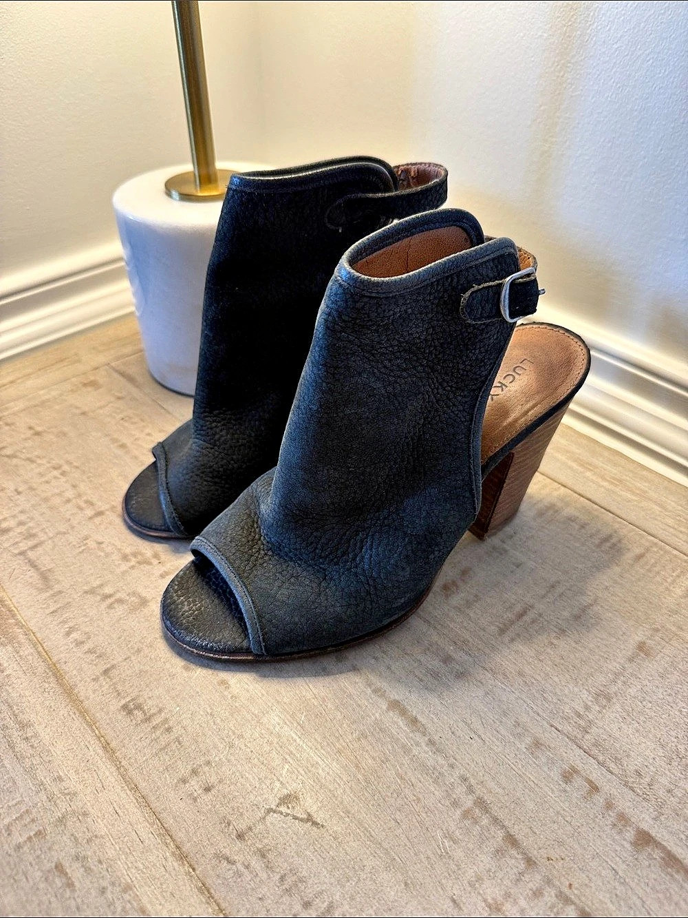 Lucky Brand Bray Bootie Open Toe Ankle Strap Heels in Black & Brown